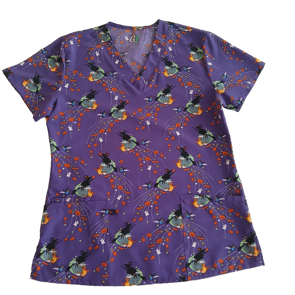 GT Performance Scrub Top Women M Purple Halloween Witch Pumpkin Medical Uniform